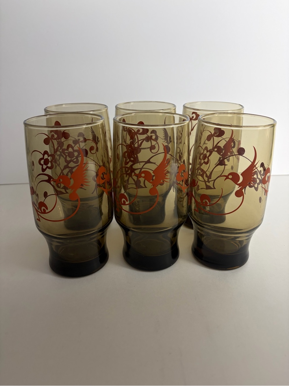Vintage Smokey Brown Tumblers Drinking Glasses Retro Birds & Flowers Set Of 6